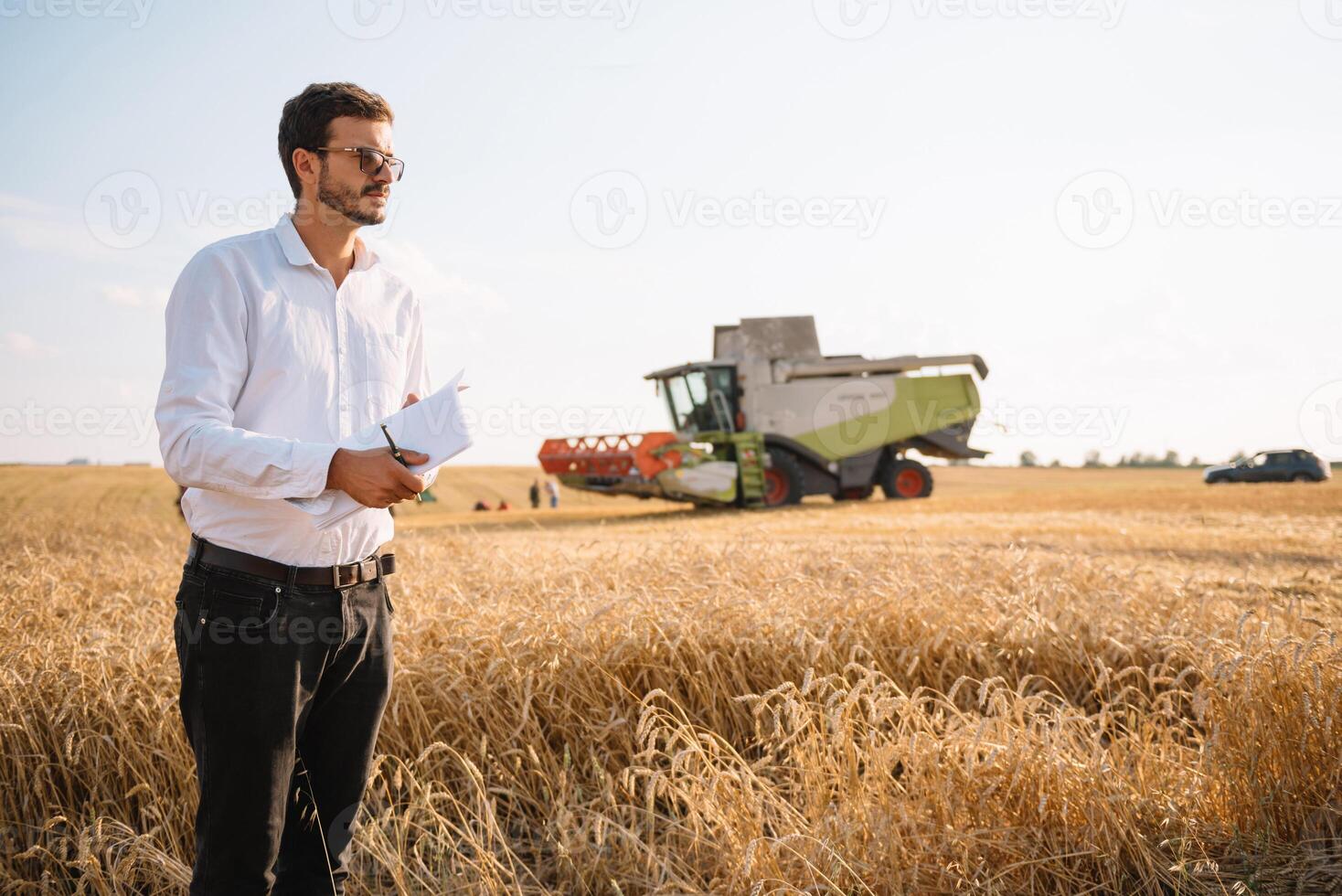 feliz agricultor dentro a campo verificação milho plantas durante uma ensolarado verão dia, agricultura e Comida Produção conceito. foto