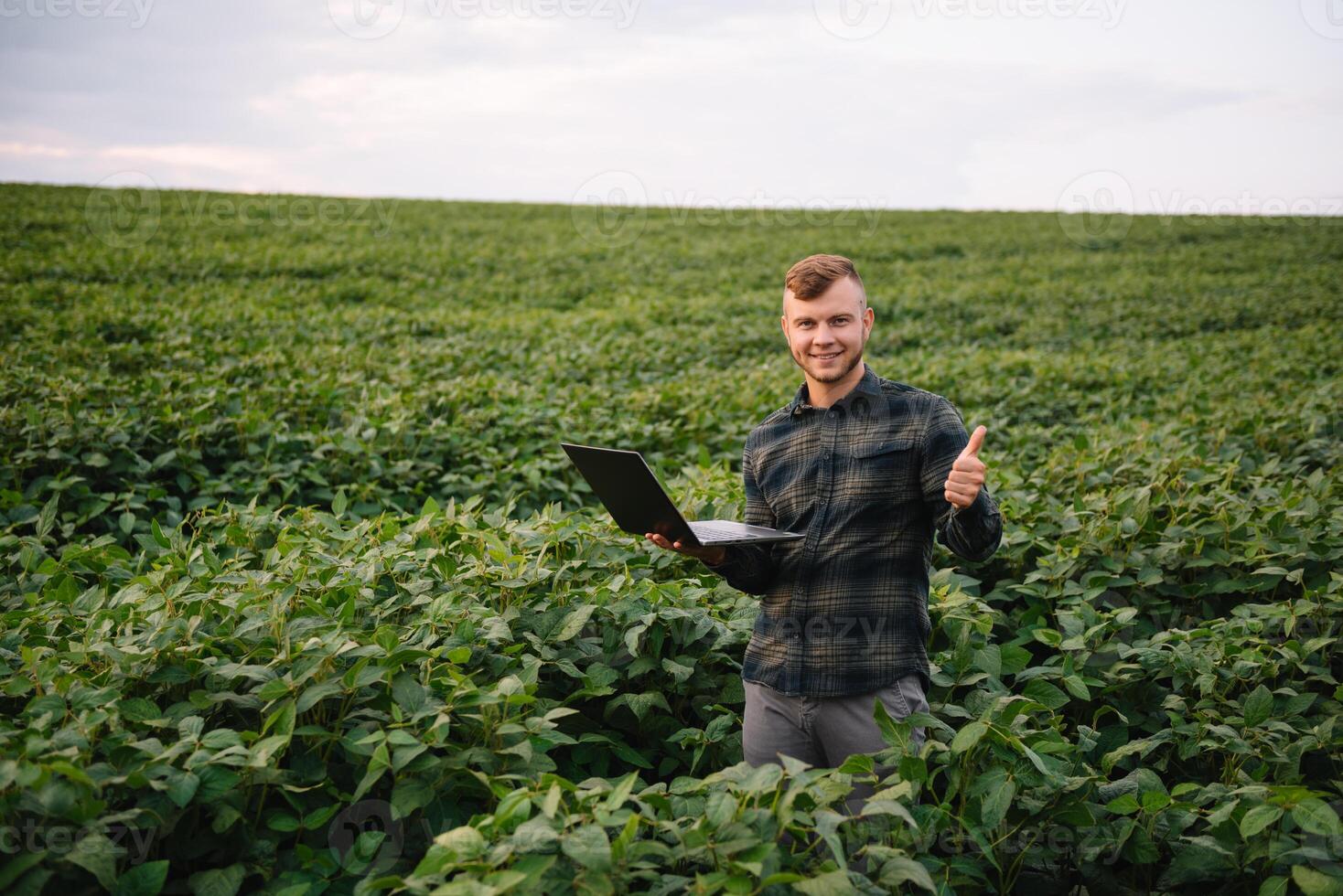 agrônomo inspecionando soja feijão cultivo crescendo dentro a Fazenda campo. agricultura Produção conceito. agronegócio conceito. agrícola engenheiro em pé dentro uma soja campo foto