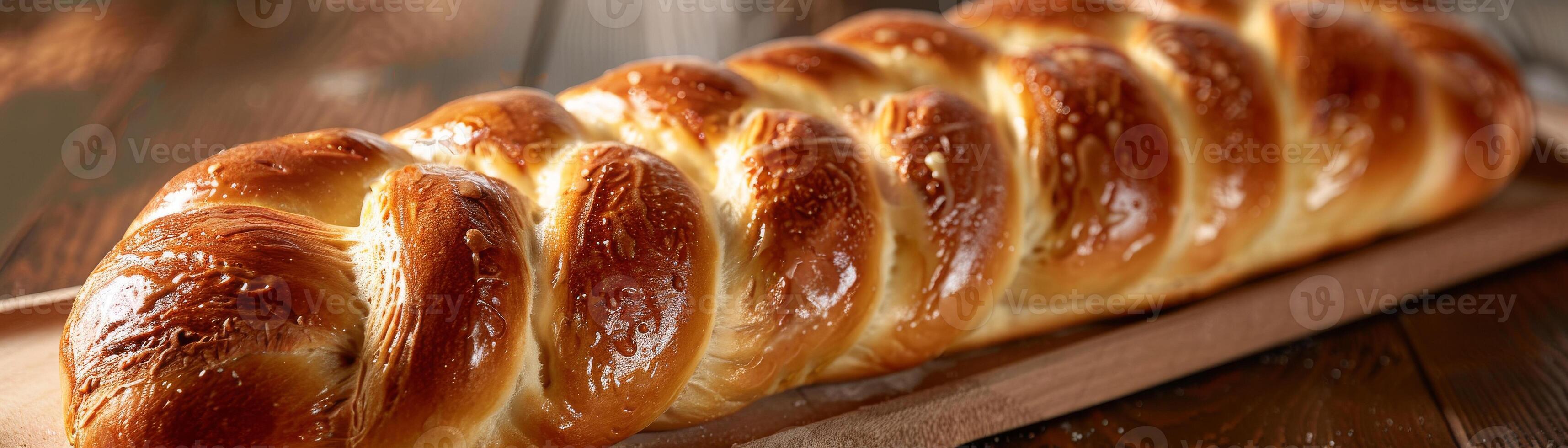 tradicional trançado Challah pão com uma lustroso crosta em uma de madeira corte quadro, recentemente cozido foto