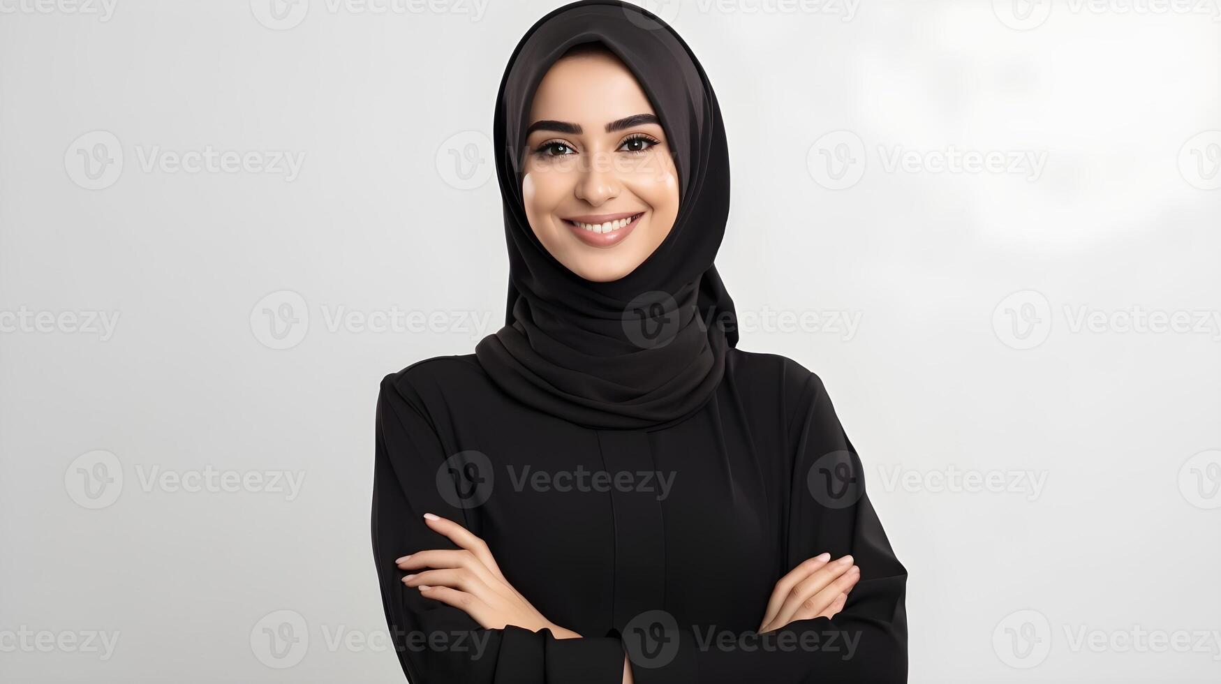 ai gerado fechar-se retrato do atraente árabe mulher vestindo cachecol e cruzando mão em branco fundo. o negócio conceito foto
