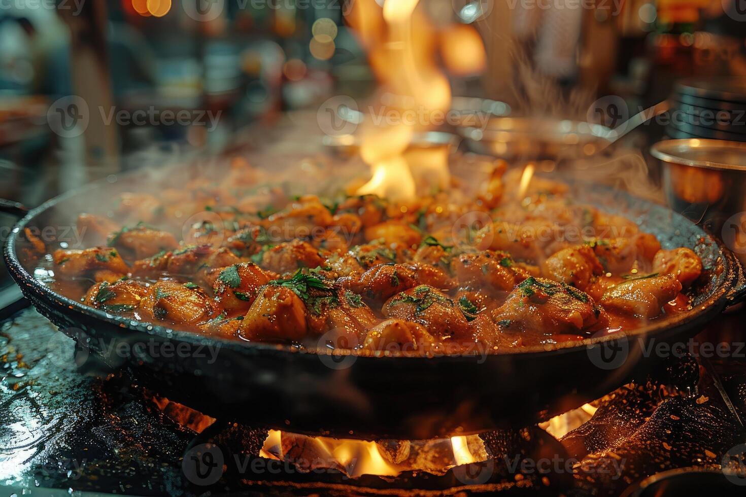 frango tikka Curry dentro a cozinha mesa profissional publicidade Comida fotografia foto