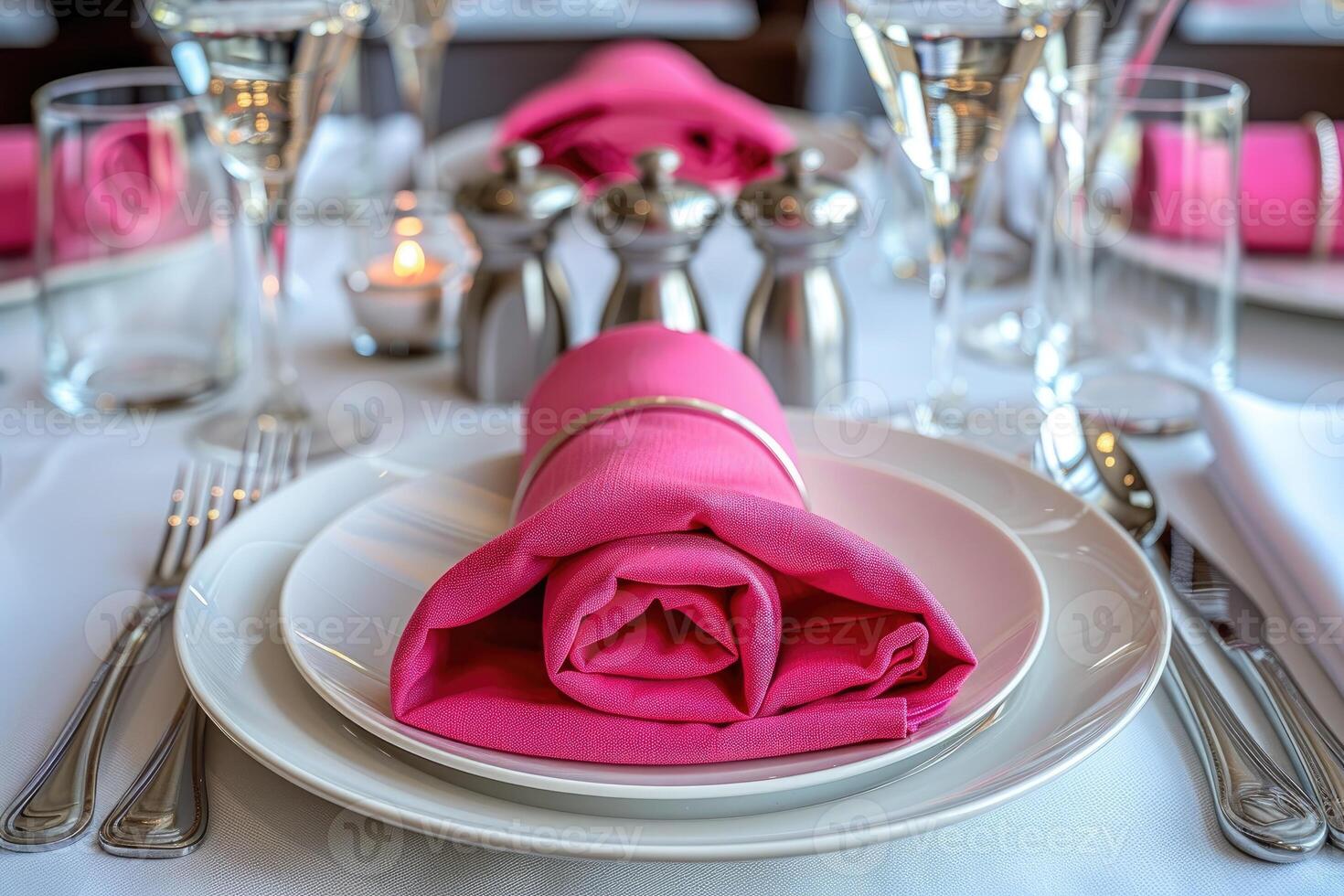 uma jantar prato e talheres para uma Casamento às uma luxo hotel publicidade Comida fotografia foto