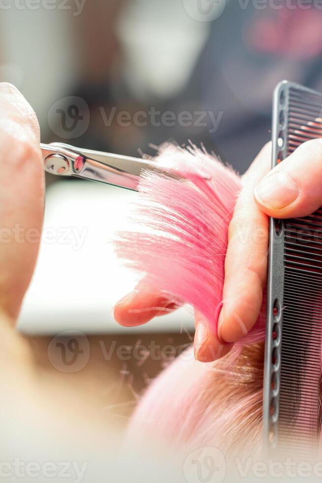 mulher tendo uma Novo corte de cabelo. masculino estilista de cabelo corte Rosa cabelo com tesouras dentro uma cabelo salão, fechar acima. foto
