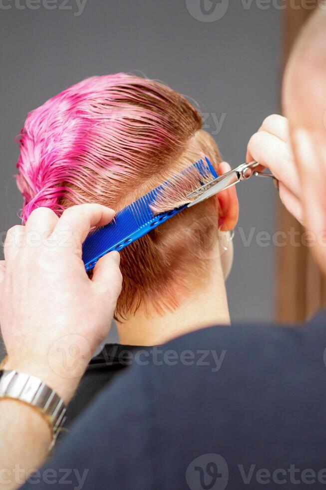 mulher tendo uma Novo corte de cabelo. masculino estilista de cabelo corte Rosa curto cabelo com tesouras dentro uma cabelo salão. foto