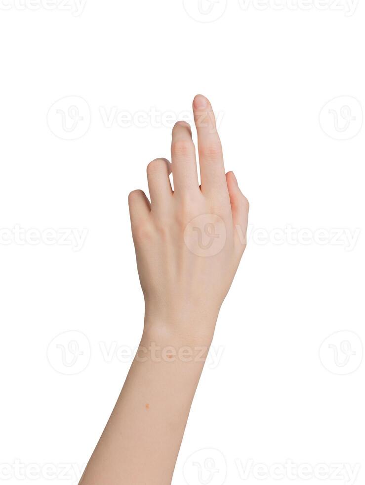 frente Visão do fêmea mão gesto. mostrando, sinalização alguma coisa abstrato. comunicação símbolo com foto
