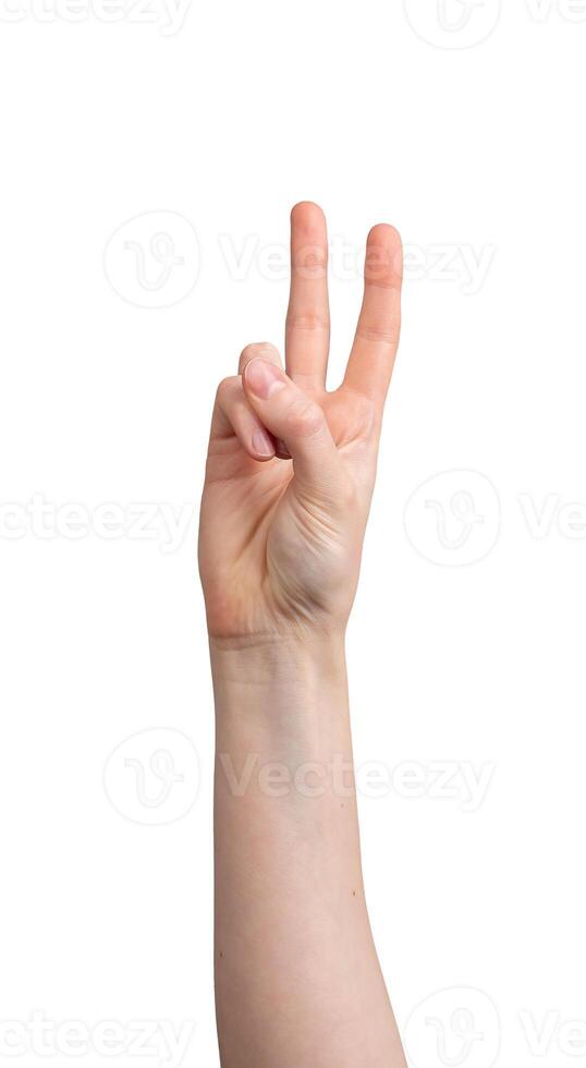 vitória, dois dedos sinal, mão gesto isolado em branco fundo foto