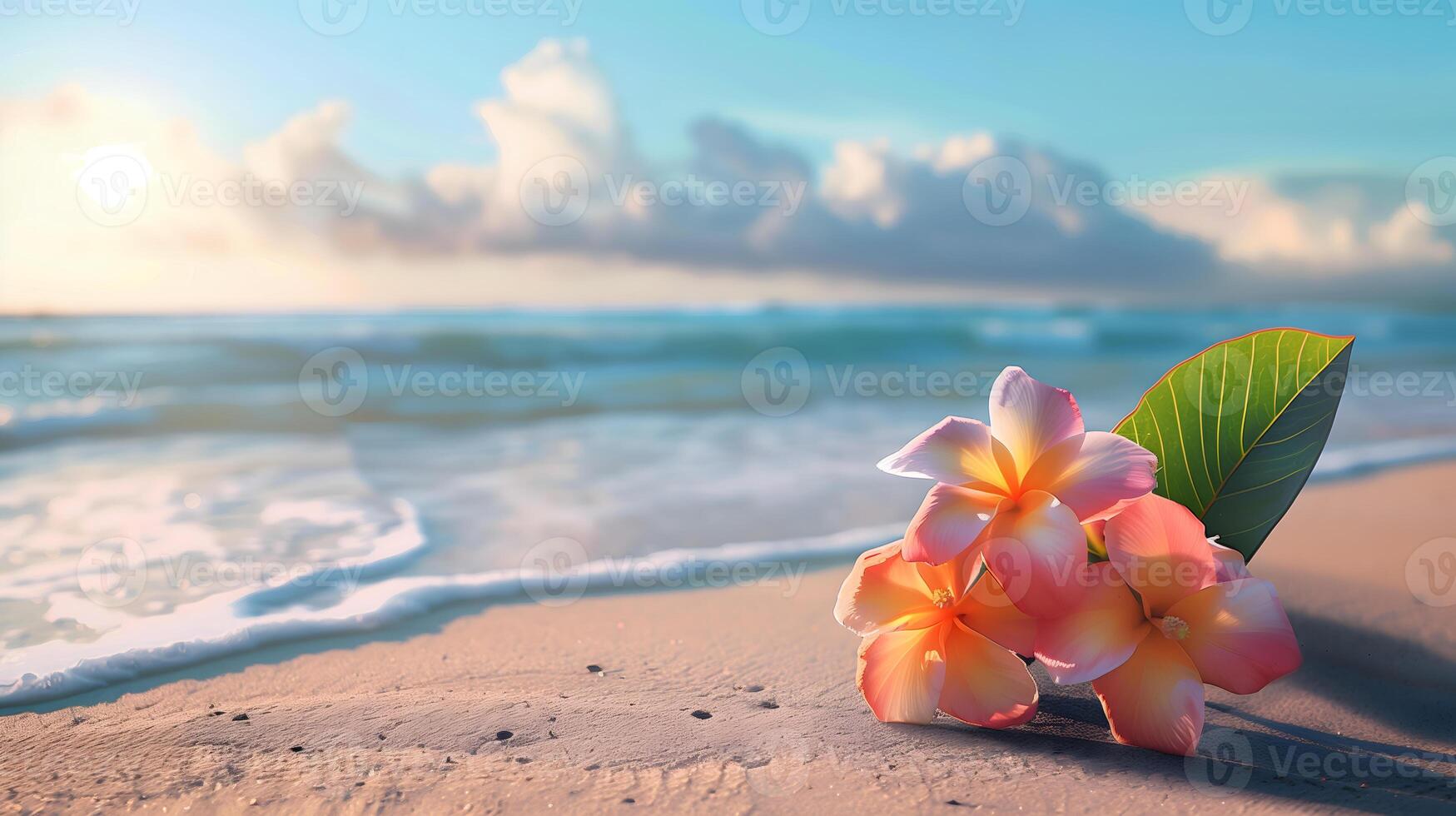 lindo tropical verão foto com Rosa hibisco flores sobre paraíso de praia fundo