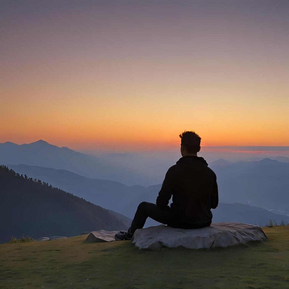 uma homem sentado dentro frente do uma montanha às pôr do sol foto