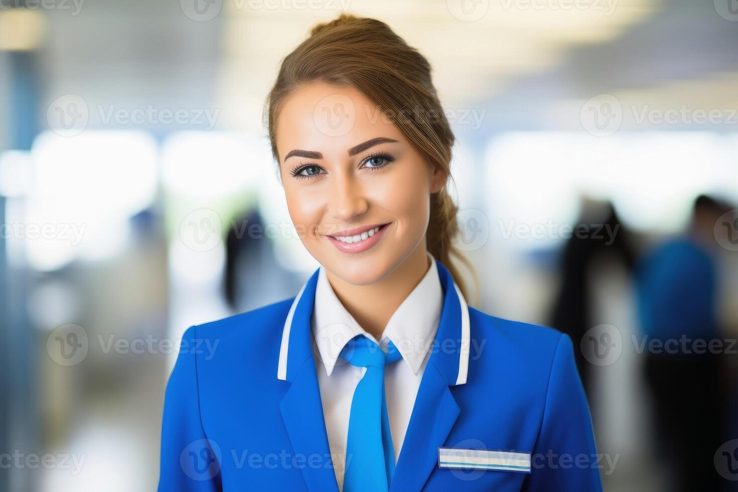 uma amigáveis comissária de bordo às trabalhos dentro uma avião. foto