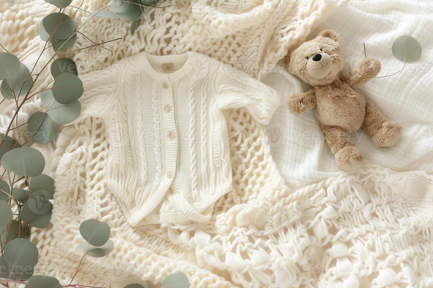 acolhedor bebê roupas configuração com uma limpar \ limpo branco macacão dentro a Centro ,acompanhado de uma suave Urso de pelúcia Urso foto