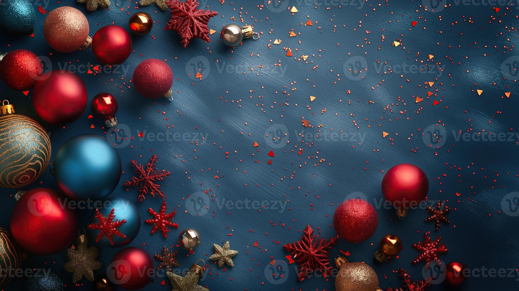 uma azul fundo com uma grupo do vermelho e azul Natal enfeites foto