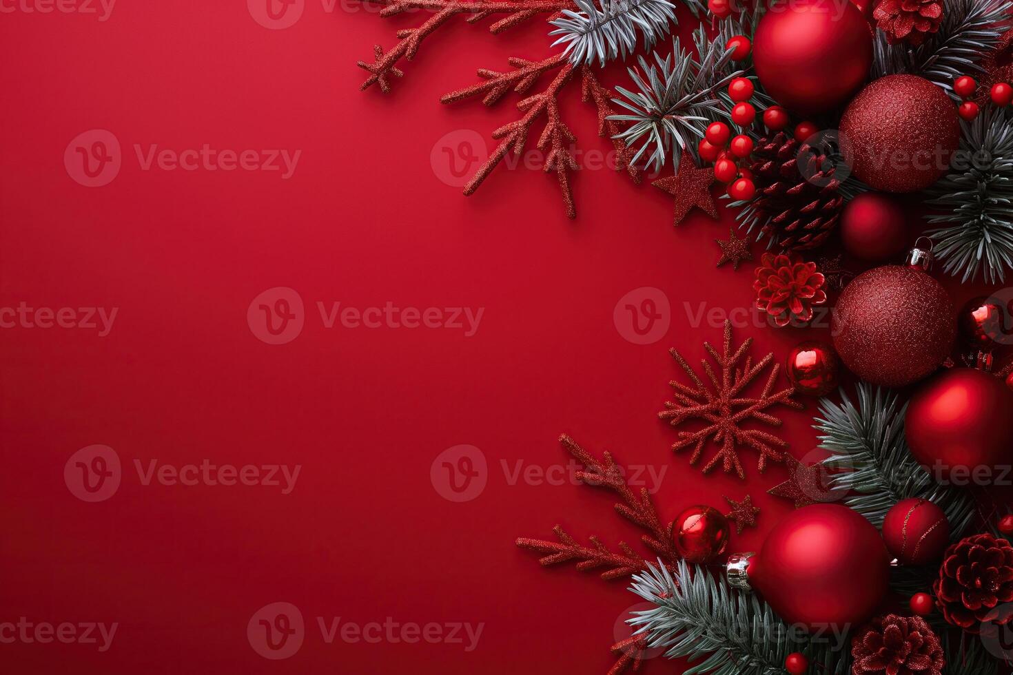 uma vermelho fundo com uma grupo do vermelho e verde Natal decorações foto