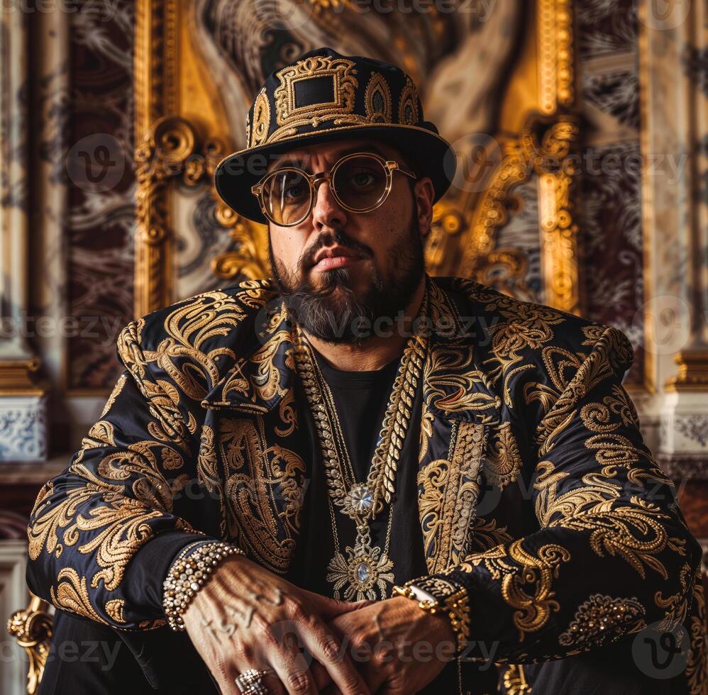 confiante rapper com dourado joalheria posando dentro a opulento estilo barroco quarto foto