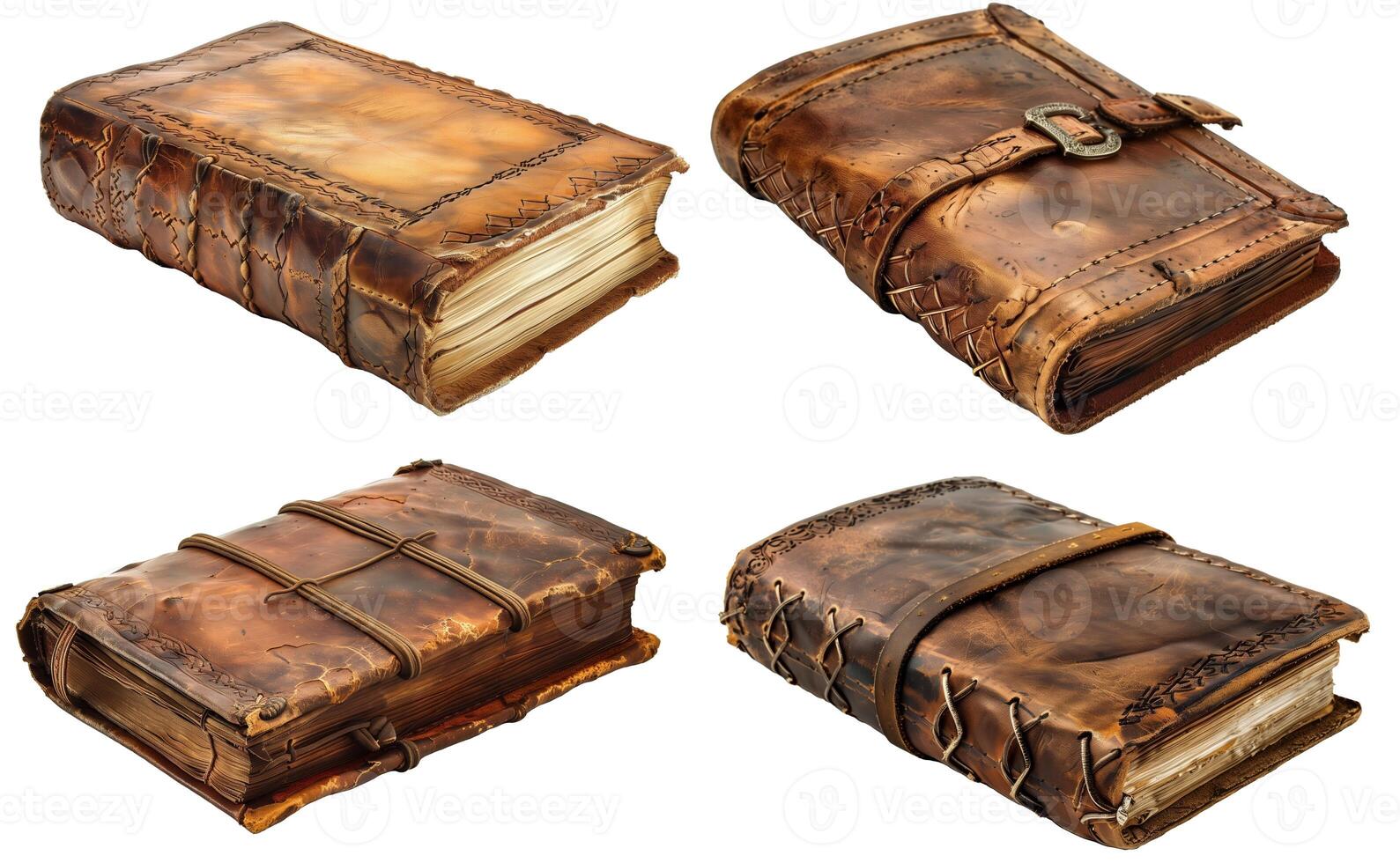 conjunto do quatro Antiguidade encadernado em couro livros isolado em transparente fundo foto