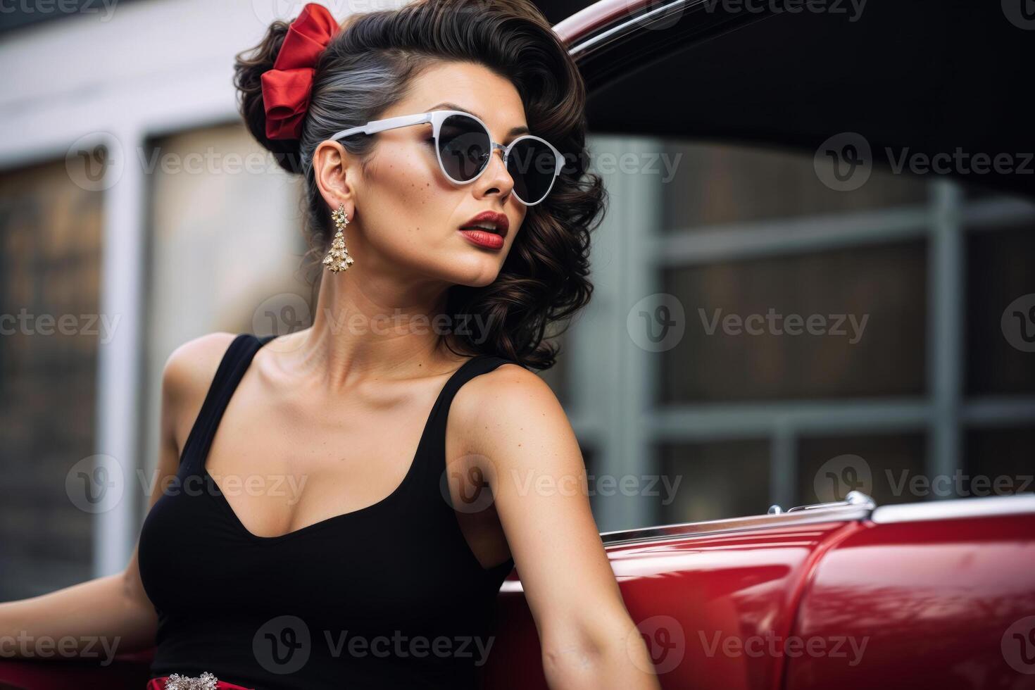à moda mulher dentro retro moda posando com uma vintage conversível carro foto