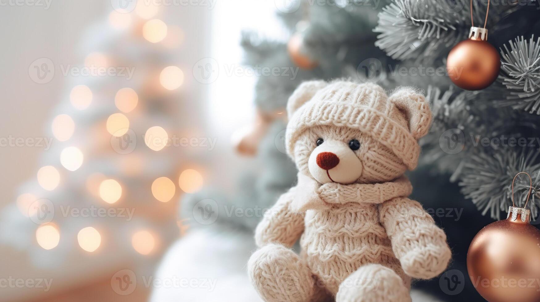 Natal decoração, Urso de pelúcia Urso fechar-se em a fundo do uma acolhedor interior foto