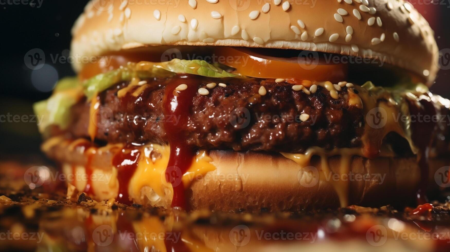 extremo fechar-se do saboroso hambúrguer. Comida fotografia foto