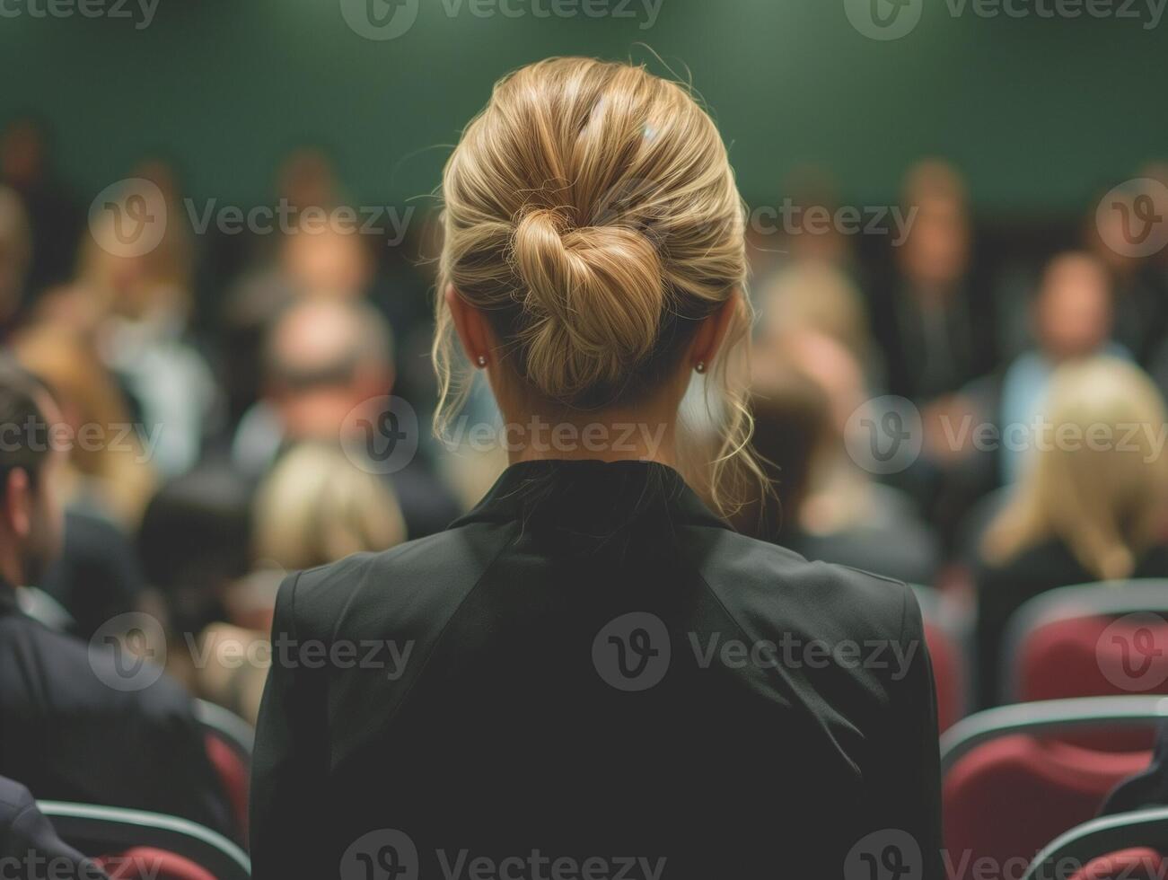 empresária às conferência com borrado público dentro fundo foto