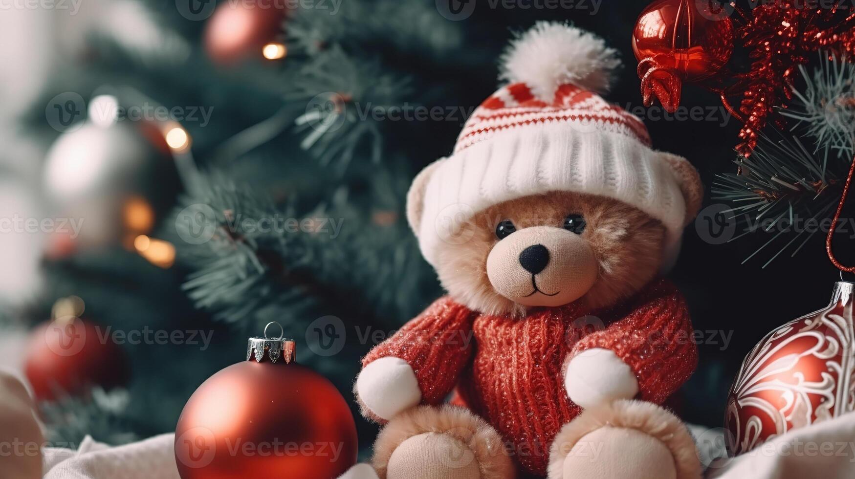 Natal decoração, Urso de pelúcia Urso fechar-se em a fundo do uma acolhedor interior foto