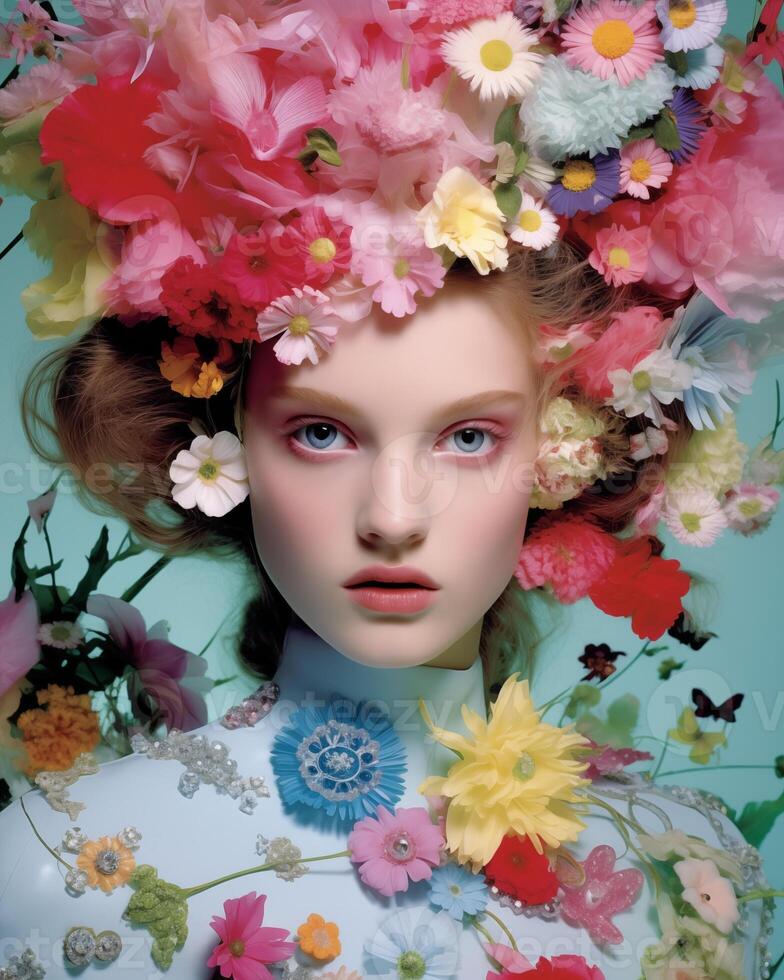 sonhadores floresta fada retrato cercado de uma colorida flor aréola foto
