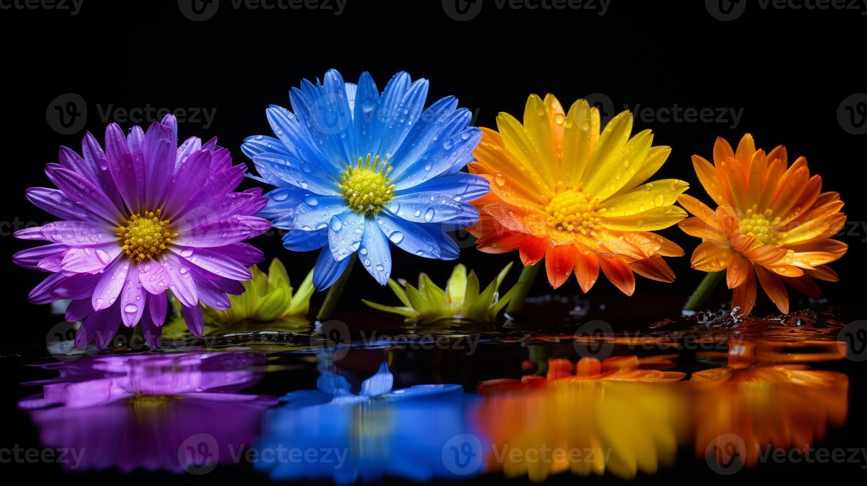 multicolorido molhado margarida flores refletido em uma escuro, semelhante a um espelho superfície foto