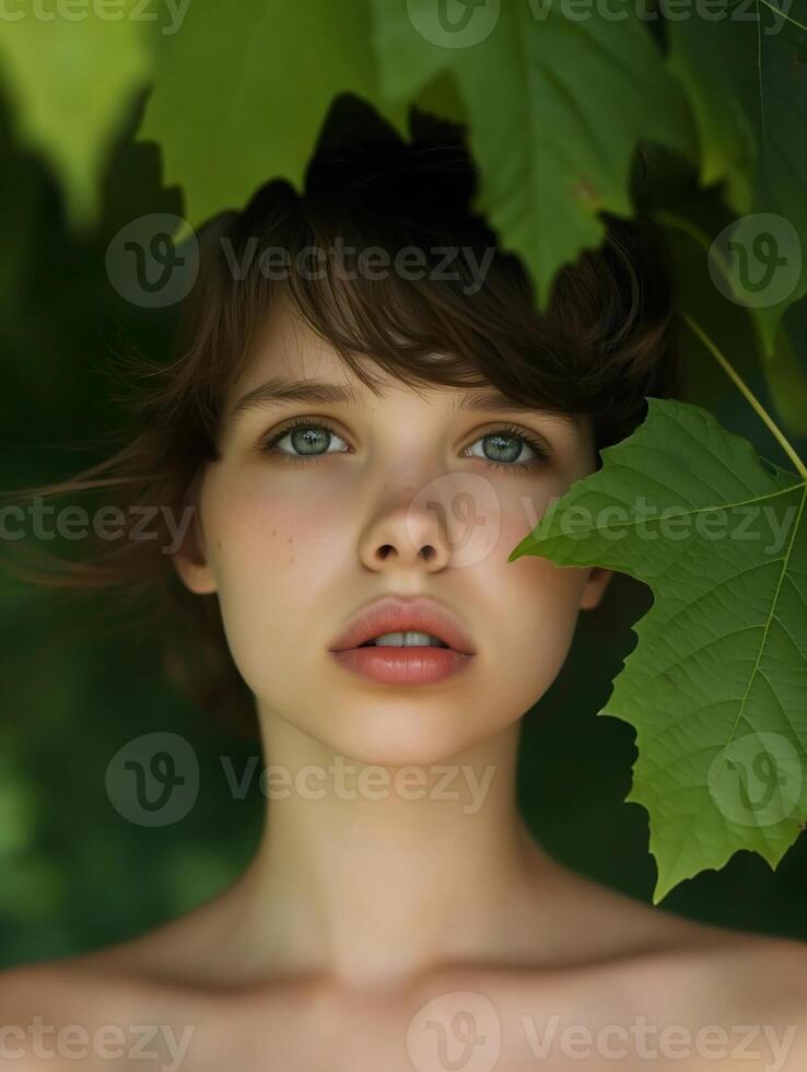 menina com uma natural frondoso pano de fundo dentro uma tranquilo verde retrato foto