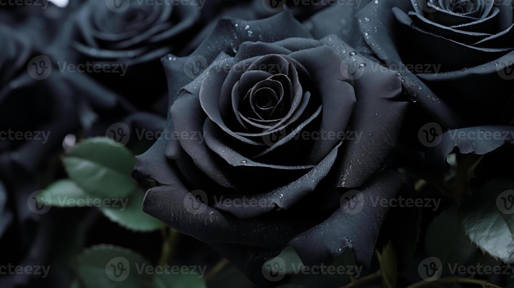 temperamental Preto rosas com pingos de chuva criando uma dramático floral cena foto