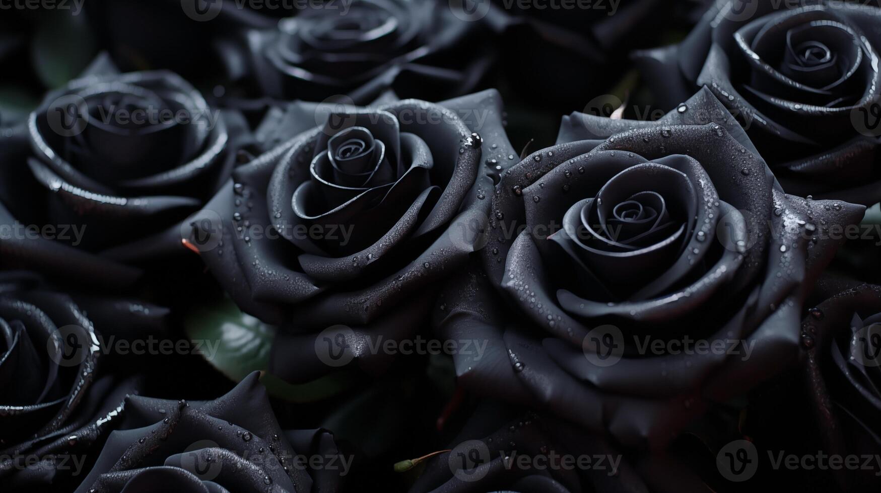 elegante Preto rosas com água gotas dentro uma macio, Sombrio configuração foto