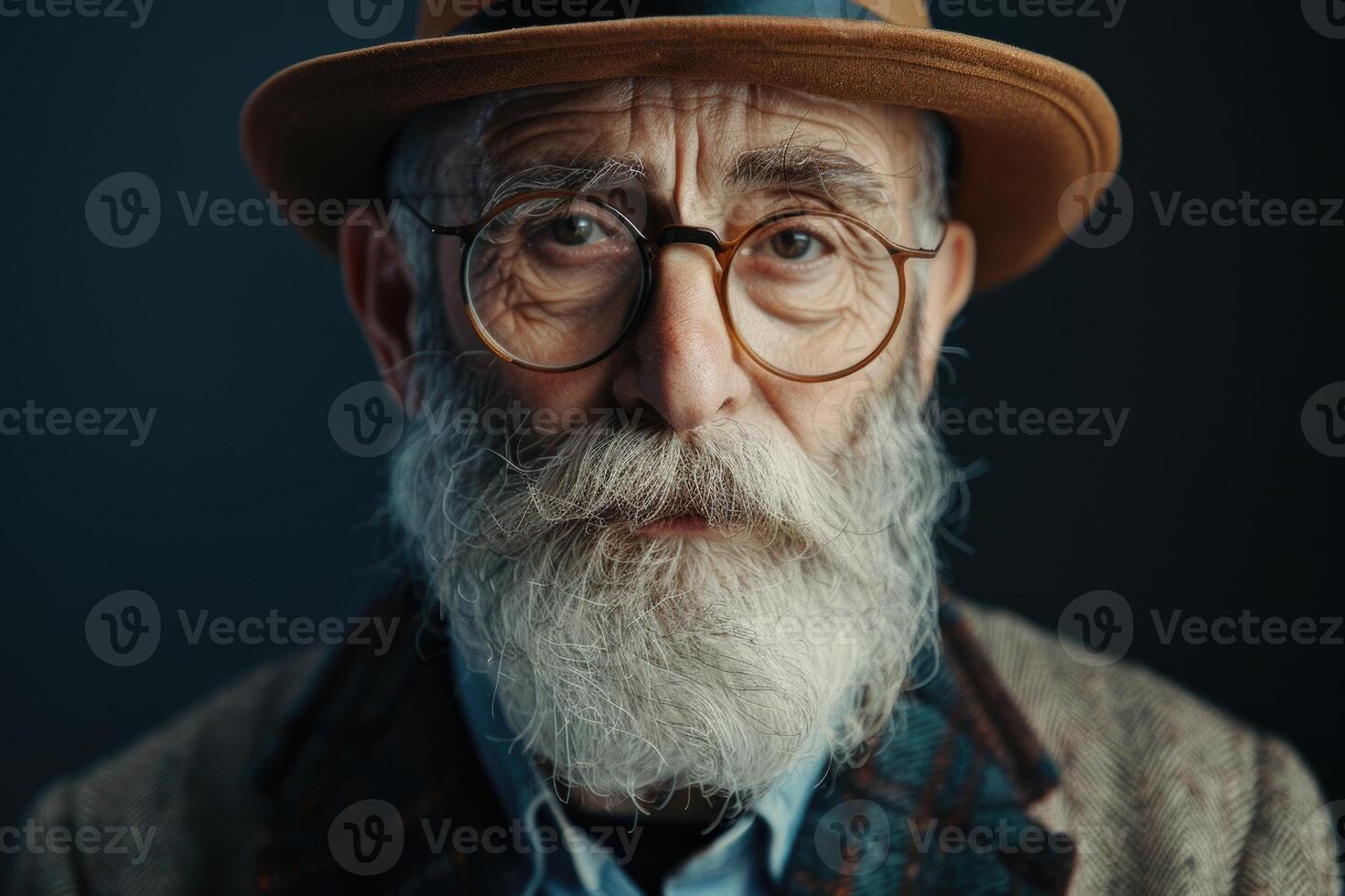 à moda hipster avô sorrisos para Câmera dentro Sombrio contexto. foto