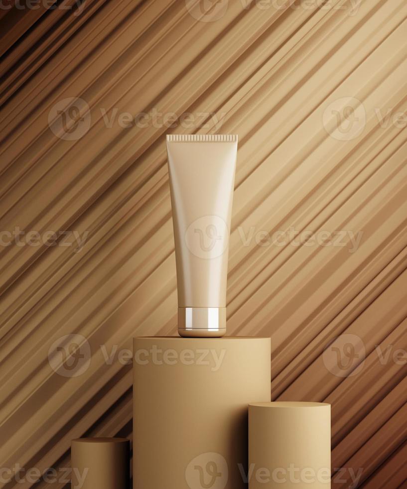 cena monocolor para apresentação de produto cosmético bb-creme. frasco cosmético em fundo abstrato de pedestal de cor nude. 3d render foto
