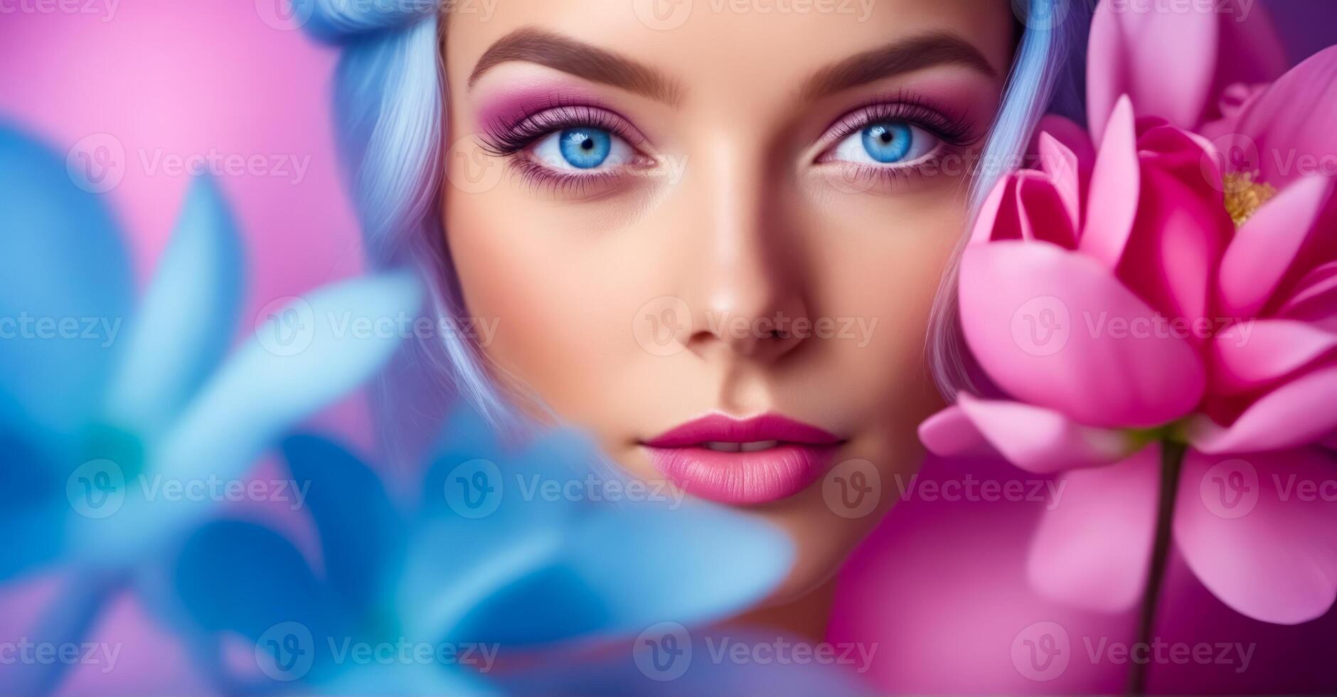 uma mulher com azul cabelo e azul olhos é cercado de Rosa flores foto