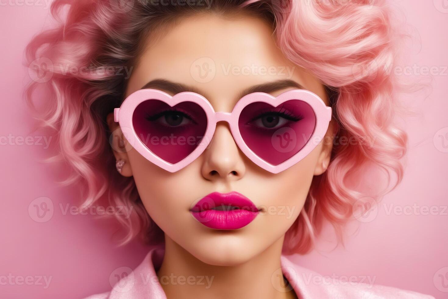 uma mulher com Rosa cabelo e Rosa oculos de sol foto