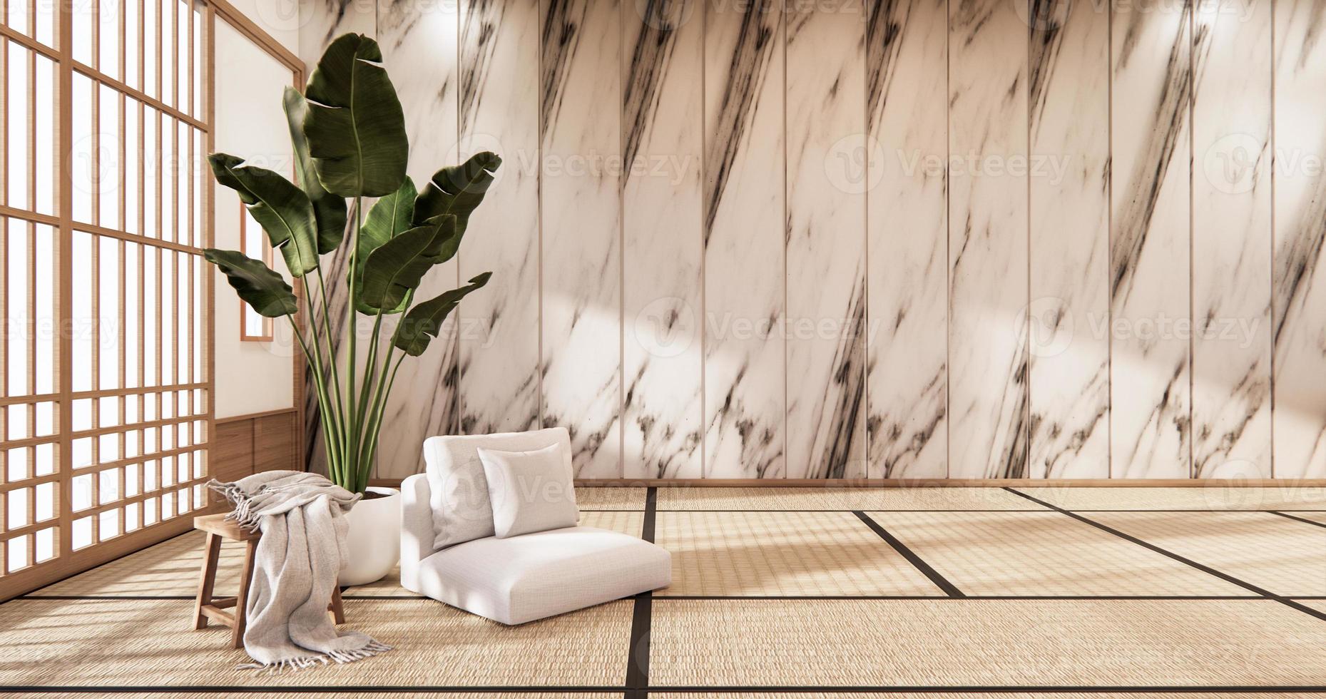 divisória japonesa no interior tropical da sala com piso de tatame e parede de azulejos de ganite. Renderização 3D foto