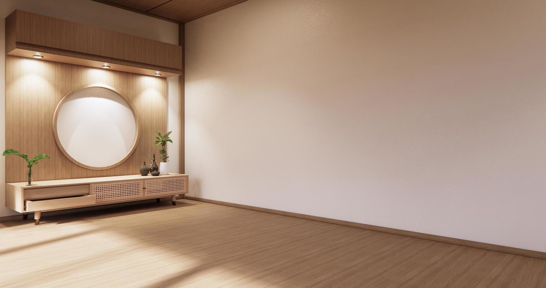 armário de madeira na sala vazia moderna e parede branca em estilo japonês de sala de piso branco. Renderização 3d foto