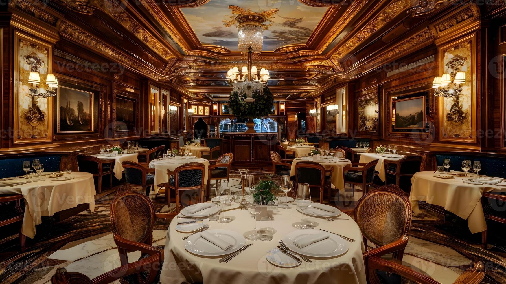 magnífico dourado jantar corredor dentro opulento estilo barroco restaurante foto