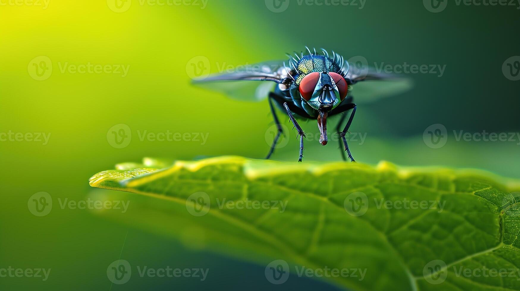 fechar-se lustroso mosca em uma verde folha do brilhante cores sentado em com nervuras superfície dentro seletivo foco foto