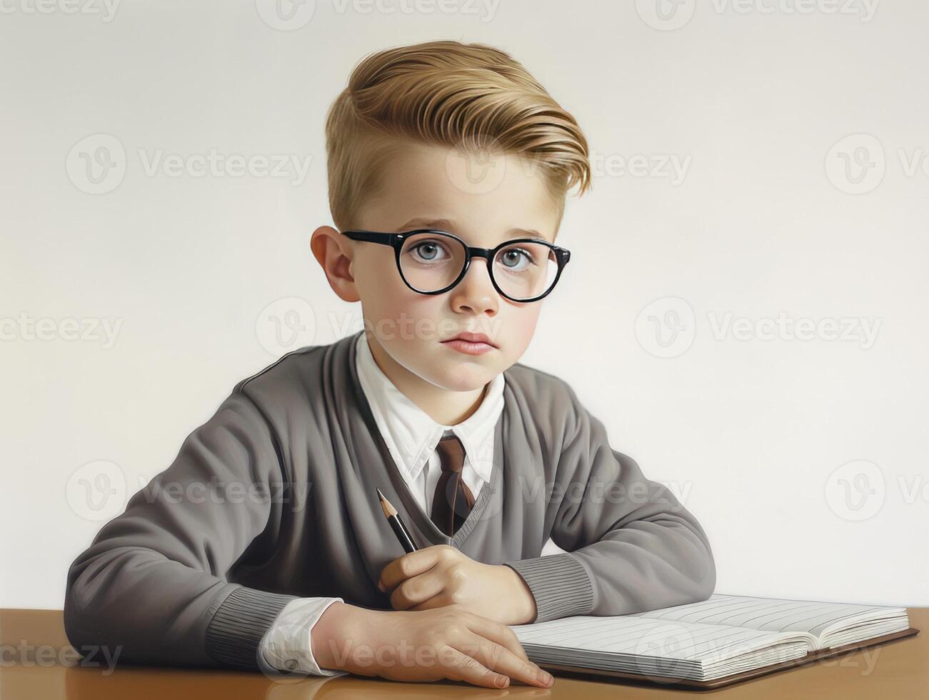 retrato do uma fofa Garoto dentro óculos às a mesa fazendo dele dever de casa foto