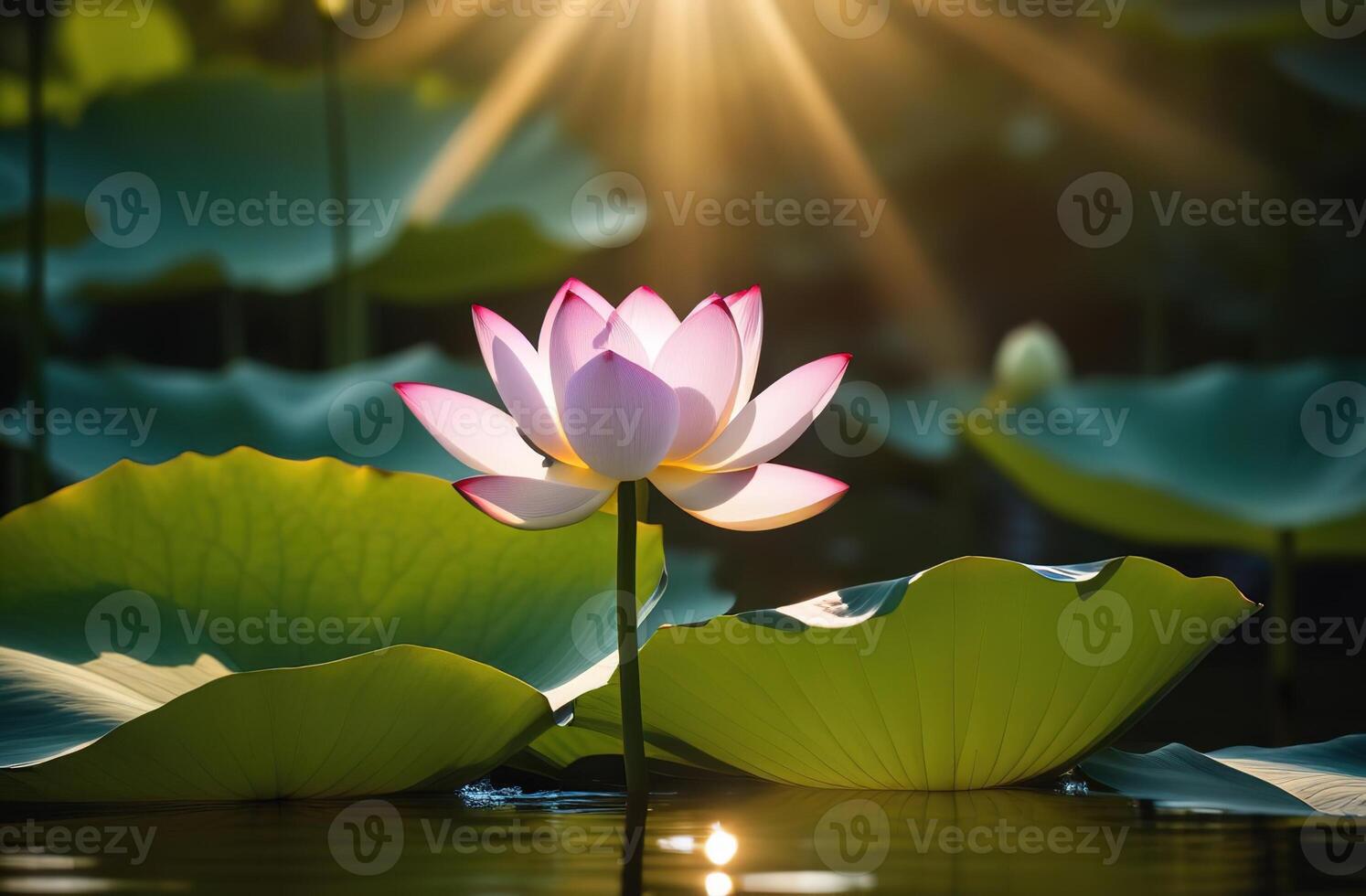 lindo água lírio lótus flor com folhas em lago água superfície condicionamento zen ásia flora botânica Sol luz verão foto