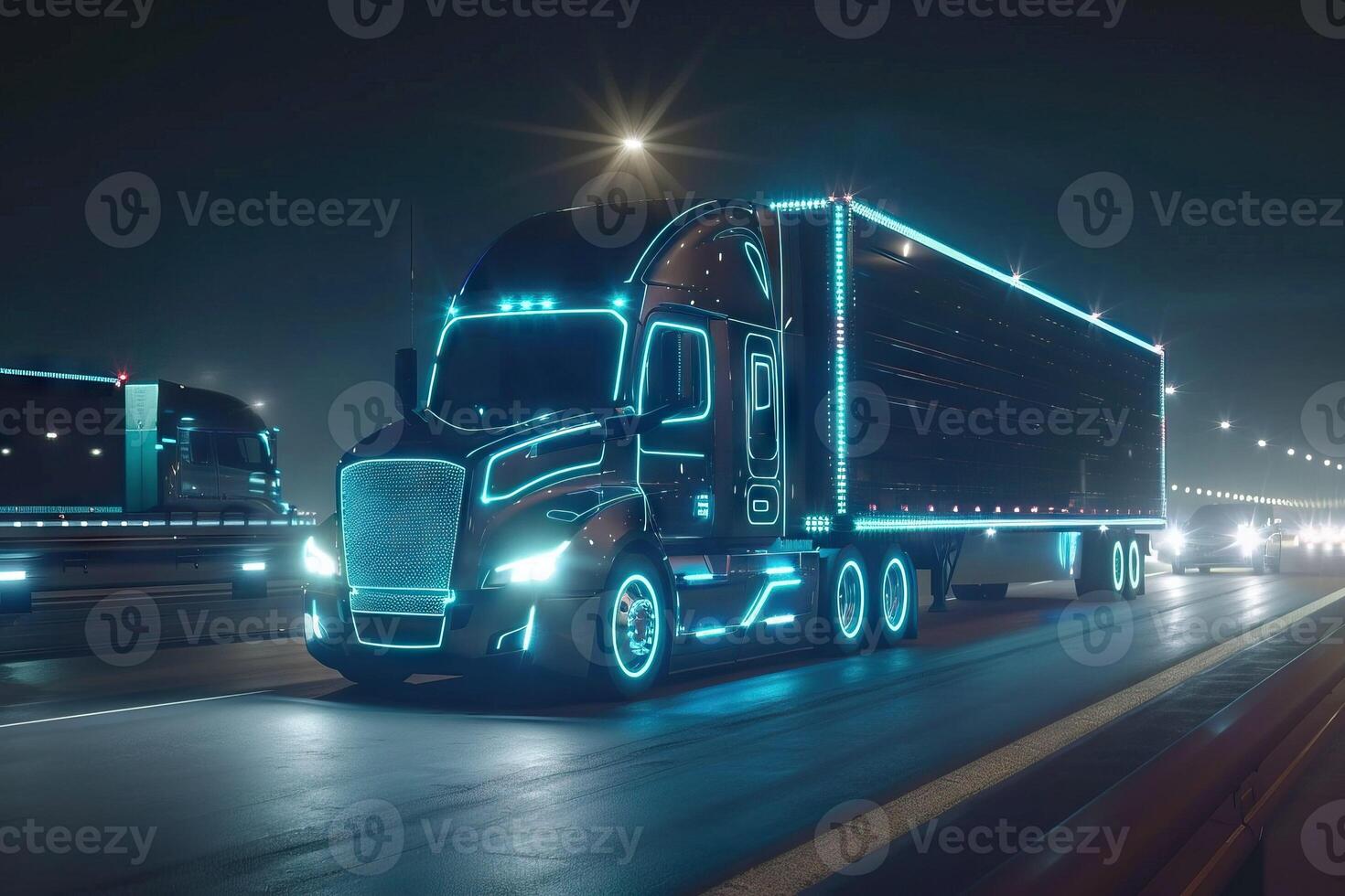 ai gerado Autônomo semi caminhão com sensores drives em auto-estrada às noite. foto
