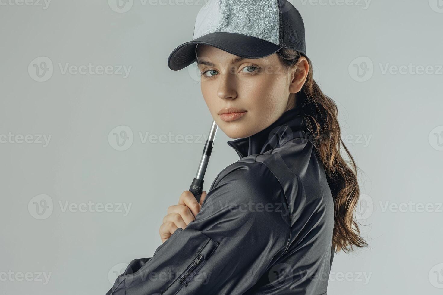 ai gerado bonita mulher jogador de golfe posando com golfe clube em branco fundo dentro estúdio foto