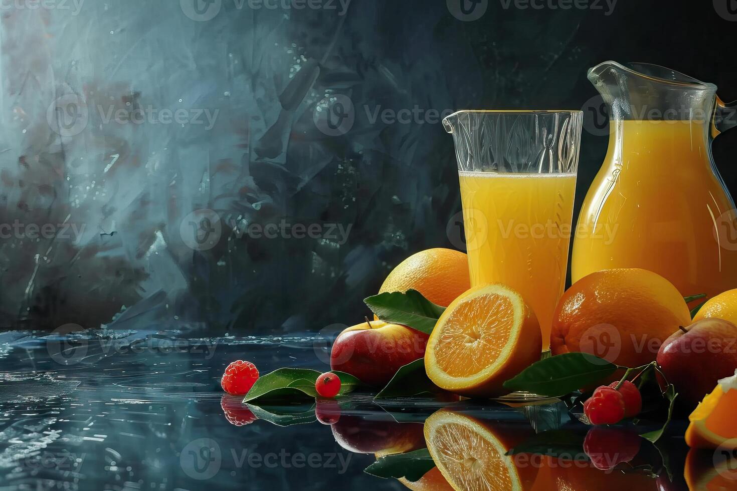 composição com dois óculos do laranja suco frutas e jarro foto