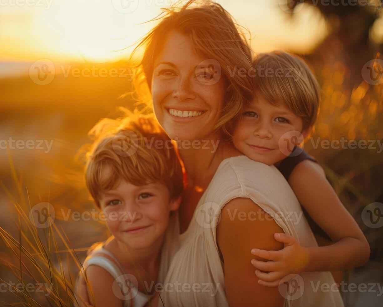 ai gerado feliz mãe e crianças com alegre emoções dentro uma festivo humor em mãe dia foto