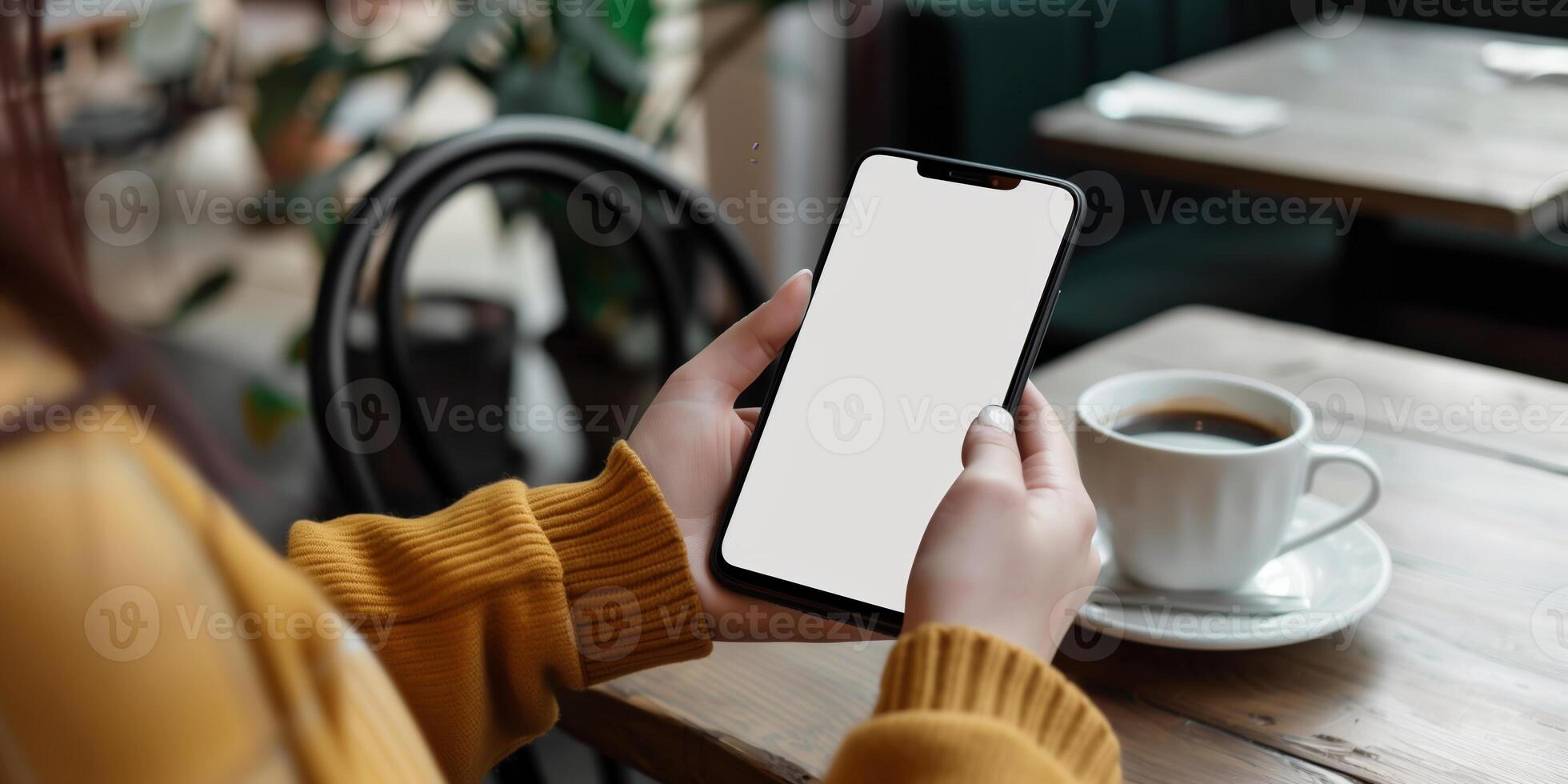 mãos segurando telefone com branco brincar tela contra café mesa pano de fundo foto