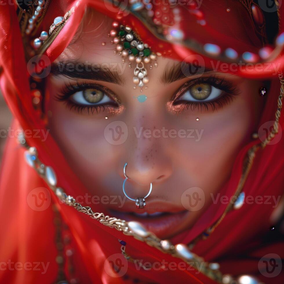 a Oriental menina com cativante olhos dentro tradicional oriental vestuário foto