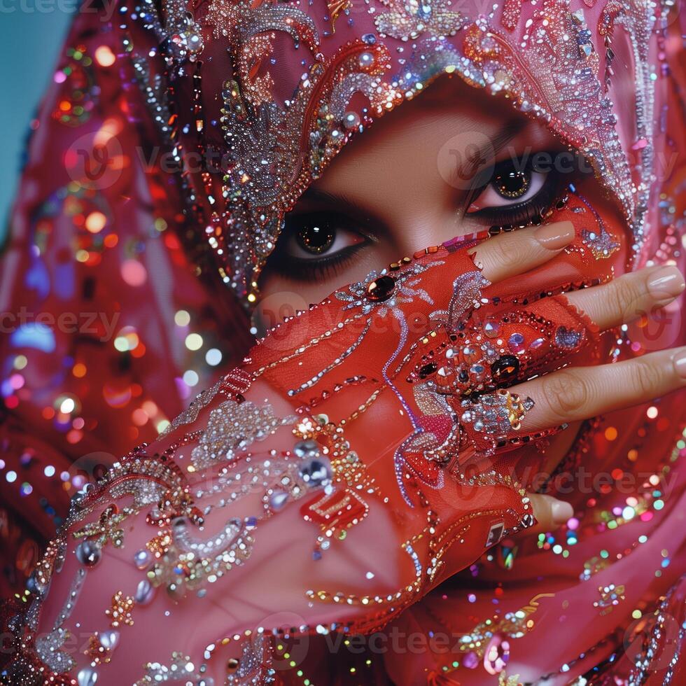 a Oriental menina com cativante olhos dentro tradicional oriental vestuário foto