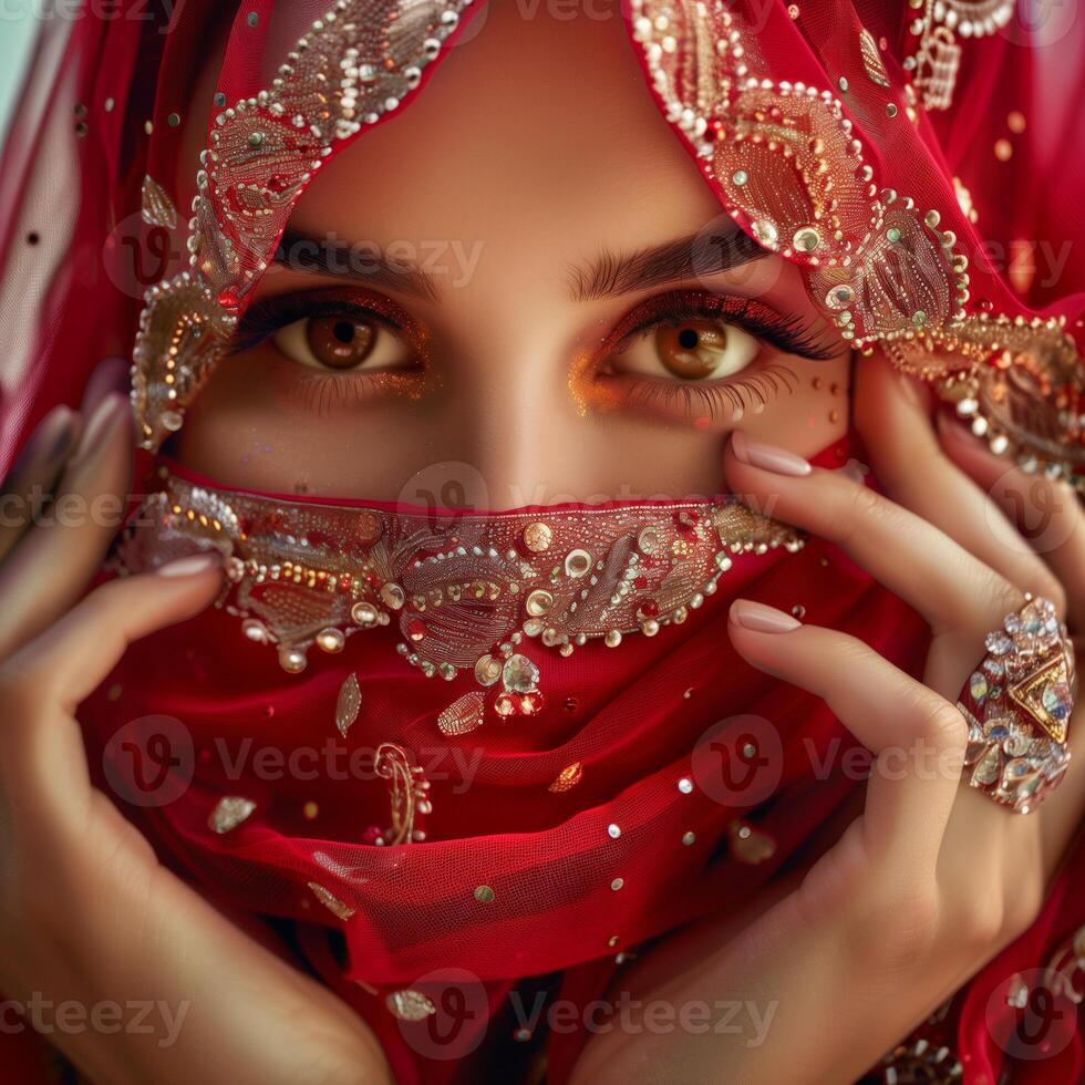 a Oriental menina com cativante olhos dentro tradicional oriental vestuário foto