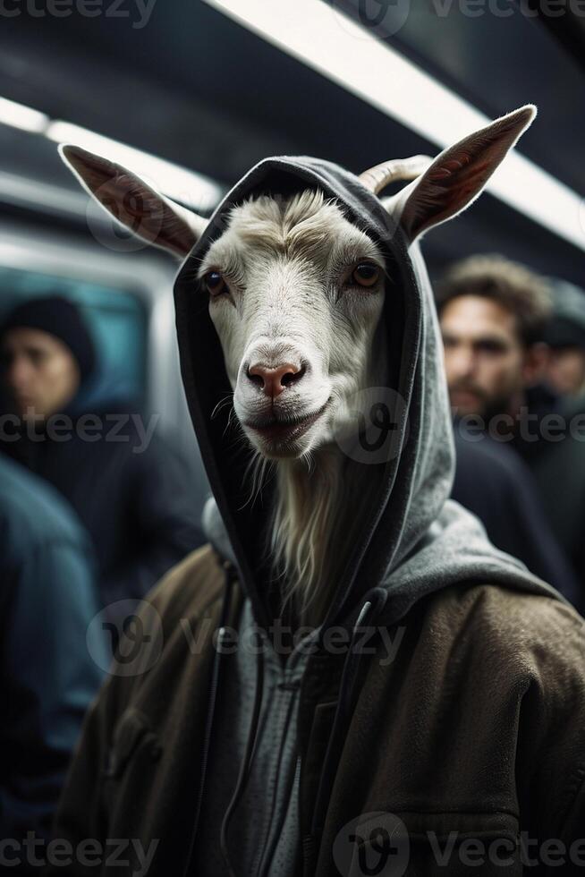 uma bode vestindo uma moletom com capuz em uma metrô trem foto