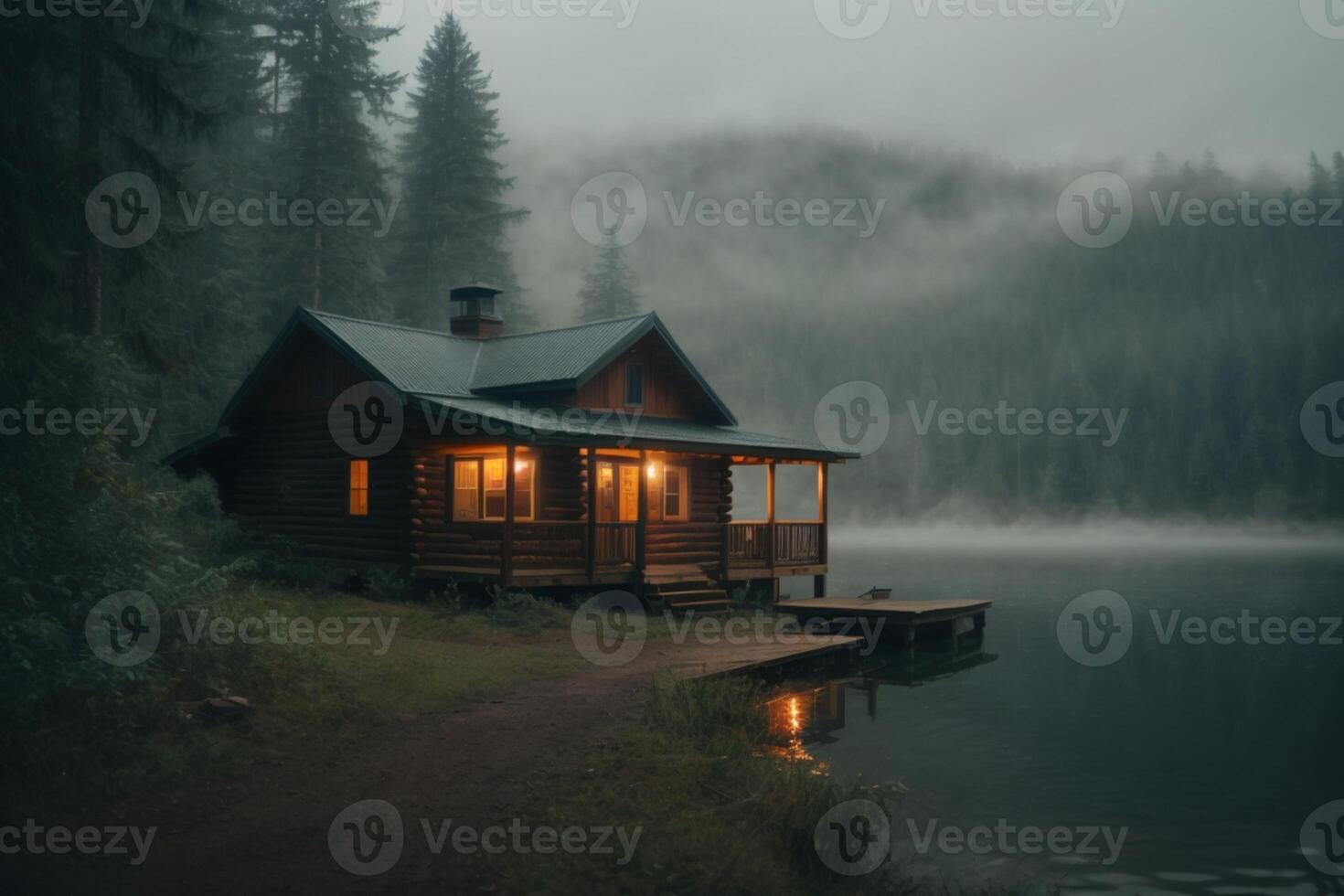 uma cabine senta em a costa do uma lago dentro a névoa foto