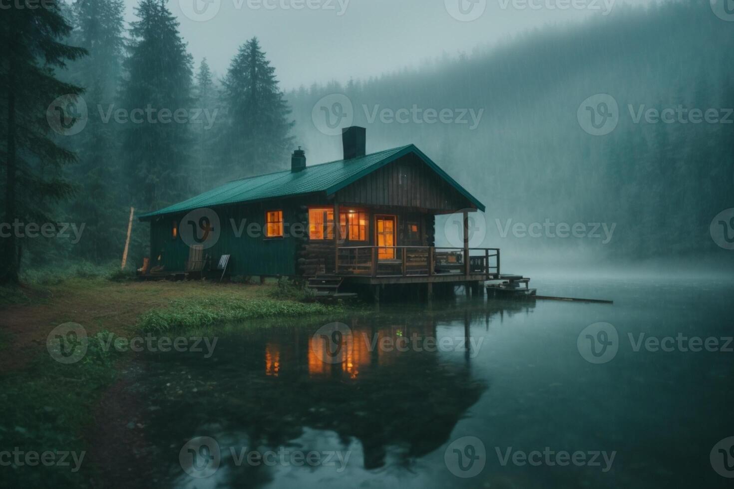 uma cabine senta em a costa do uma lago dentro a névoa foto