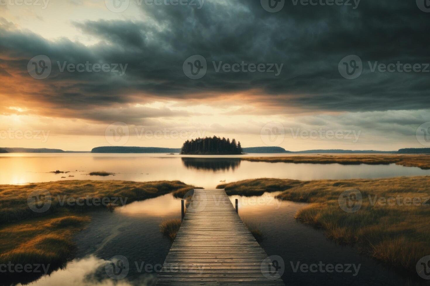 uma de madeira cais conduz para uma lago e uma casa foto